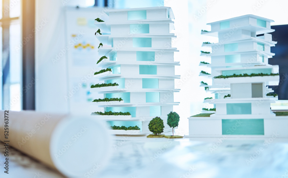 Poster Architecture, design and 3D building of a creative plan for construction with blueprints on a table in an office. Business plans of architectural work for development out on a desk in the workplace.