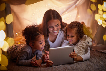 Mother and children live streaming movies on tablet or digital kids app in a tent camping at night...