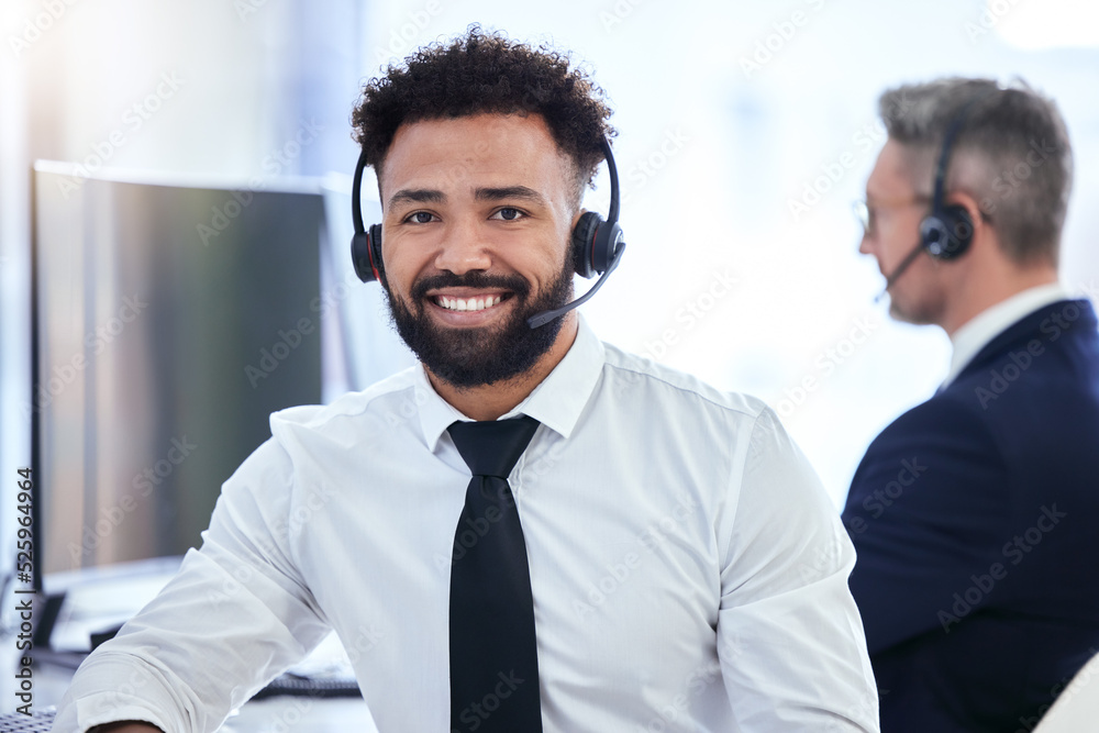 Poster call center, office and contact us of a businessman in customer support with happy smile in the work
