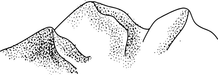 Mountain with pine trees and landscape black on white background. Hand drawn rocky peaks in sketch style.