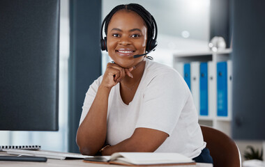 Call center worker, business administration sales consultant and black woman networking, contact...
