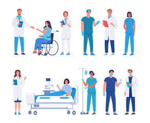 Medical workers, doctors and nurses, work in hospitals, treat patients, and take care of people. Character vector illustration