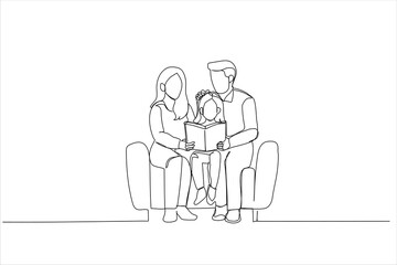 Illustration of family reading book together. One continuous line art style