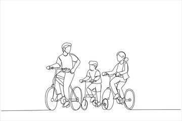 Cartoon of family father and mother teaching their son to ride bicycle at the park. Single continuous line art style