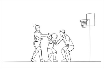 Drawing of family playing basketball together. Single line art style