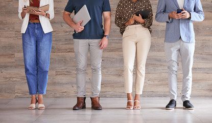Technology, communication and network of business people in diversity using multimedia tech, waiting for an interview. Professional group standing in a row, browsing social media with online apps.