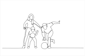 Cartoon of family spending time together in bowling club. Continuous line art style