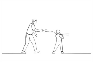 Drawing of young father and his little boy child playing baseball outside. Single line art style