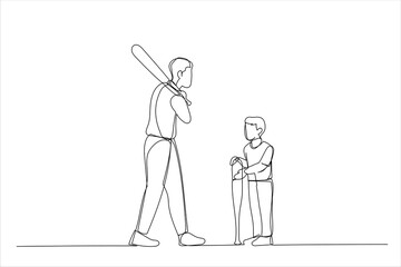 Cartoon of father teaching his son how to play baseball. Single continuous line art style