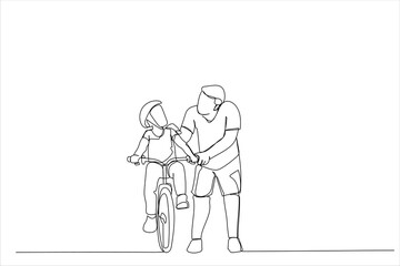 Illustration of happy family father teaches child daughter to ride a bike in the park. One line art style