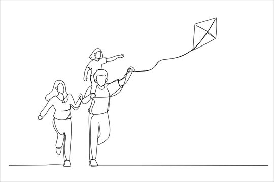 Cartoon of happy family father of mother and child daughter launch a kite on nature. Single continuous line art style