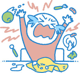 食事をひっくり返して暴れる反抗期の子供のイラスト