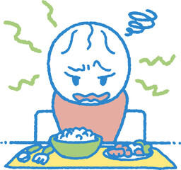 食事を見て嫌そうな顔をする反抗期の子供のイラスト
