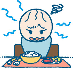 食事を見て嫌そうな顔をする反抗期の子供のイラスト