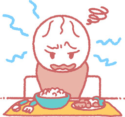 食事を見て嫌そうな顔をする反抗期の子供のイラスト