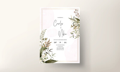 wedding invitation card with pretty watercolor leaves