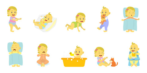 baby's daily activities, drinking milk, crying, playing with dolls and others, suitable for children's story books, stickers, mobile applications, games, websites, posters, t-shirts and printing - obrazy, fototapety, plakaty