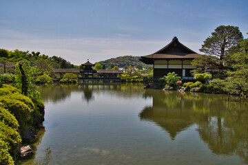 Fototapeta na wymiar The garden pond beside the shrine building inside the Heian-Jingu shrine. Kyoto Japan 