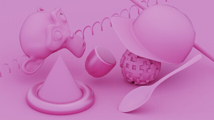 Minimal 3D Scene with simple pink 3d random models against a pink background