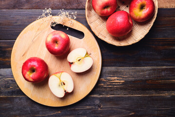 Red apple fruit on cutting wooden board, Healthy eating, Table top view