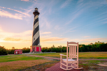 Cape Hatteras Lighthouse on Hatteras Island in the Outer Banks in the town of Buxton, North Carolina.