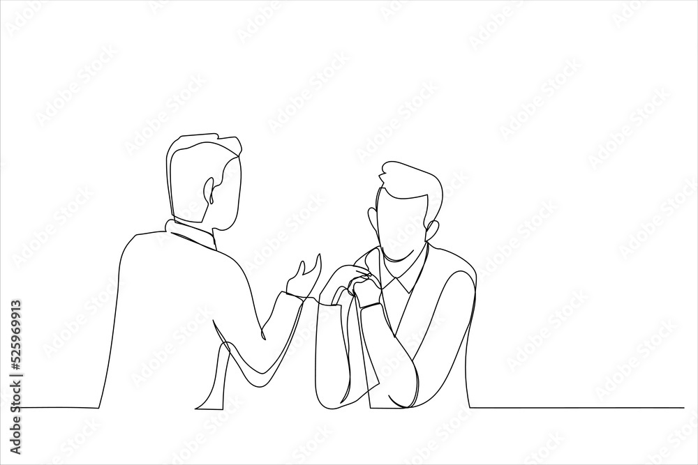 Wall mural drawing of business partners talking while sitting at desk. single line art style