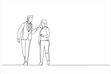 Fototapeta na wymiar Illustration of two asian business people on their way to meeting talking while walking in office. One continuous line art style