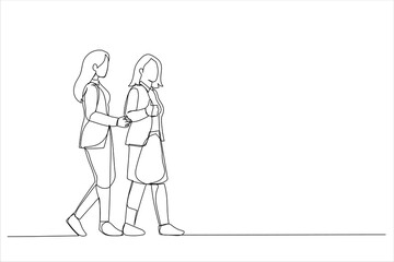 Fototapeta na wymiar Illustration of two women commuting to the office in the day carrying office bags. One line art style