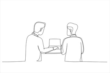Illustration of two men discussing company growth. Rear view. One line art style
