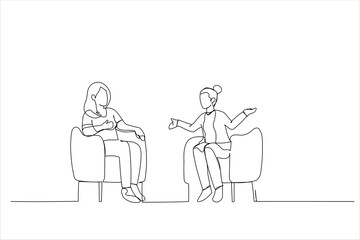 Cartoon of two friends chatting in office. Continuous line art