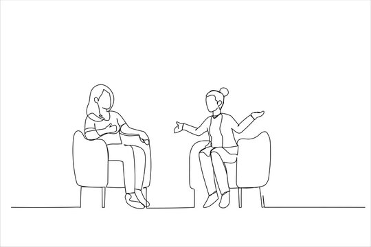 Cartoon of two friends chatting in office. Continuous line art