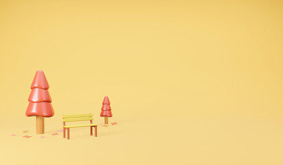 Autumn fall season cartoon cute orange Background. 3D illustration tree road and park chair