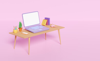 3d desk in office with laptop computer on table, textbook, book, coffee cup, plane isolated on pink background. 3d render illustration, clipping path