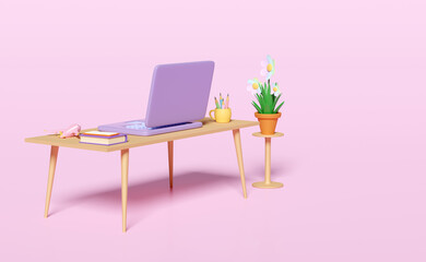 Fototapeta premium 3d laptop computer on table with desk in office, coffee cup, plane, textbook, book, flower pot isolated on pink background. 3d render illustration, clipping path