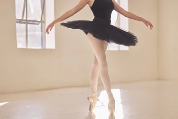 Papier Peint photo École de danse Fitness, exercise and the art of ballet, dancer on her toes in pointe shoes and tutu, Woman ballerina training for theatre performance in dancing studio. Beauty, grace and elegance in creative sports