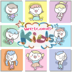 元気な８人のこどもたち　カラフルなタイル背景とカラフルkids文字でwelcome