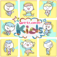 元気な８人のこどもたち　ポップなタイル背景とカラフルkids文字でwelcome