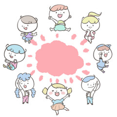 楽しく元気なこどもたち　ピンクのもくもく雲といっしょ