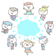 楽しく元気なこどもたち　ブルーのもくもく雲といっしょ