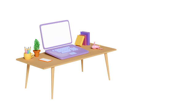 3d desk in office with laptop computer on table, textbook, book, coffee cup, plane isolated. 3d render illustration