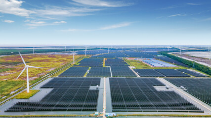 Aerial photography of an industrial park combining wind power generation, photovoltaic power...
