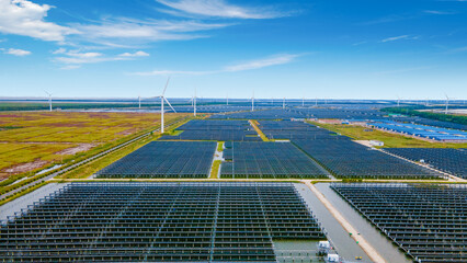 Aerial photography of an industrial park combining wind power generation, photovoltaic power...