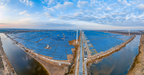 Aerial photography of an industrial park combining wind power generation, photovoltaic power...