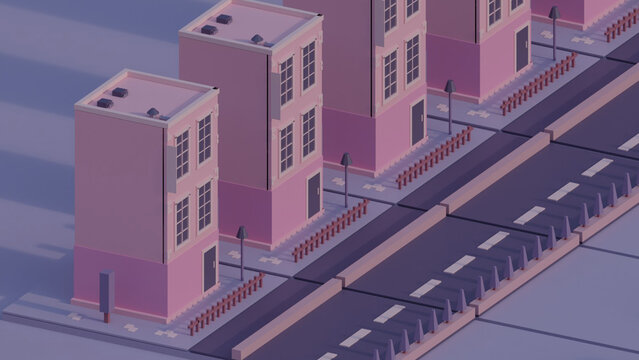 Isometric Low Poly Style Apartment Side By Side Identical Buildings In Low Contrast