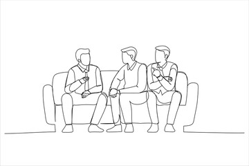 Cartoon of friends are talking at the green sofa in living room. Single continuous line art style
