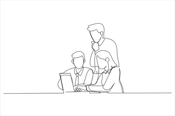 Illustration of team of three coworkers. One line art style