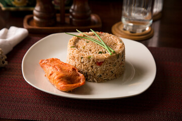 Chaufa chinese fried rice with fried fish Buffet table Peruvian comfort restaurant gourmet food