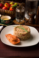 Chaufa chinese fried rice with fried fish Buffet table Peruvian comfort restaurant gourmet food