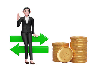 Businesswoman in formal suit feeling positive about exchange rate, 3d illustration of a business woman black suit sweater holding dollar coin