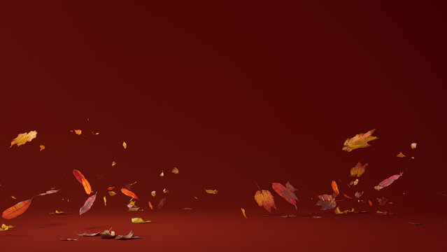 Burnt Orange Holiday Wallpaper with Falling Autumn Leaves. Natural Banner with copy-space.